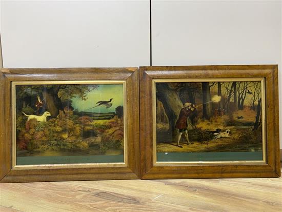 After Howitt, pair of reverse prints on glass, Pheasant and cock shooting, 26 x 35cm